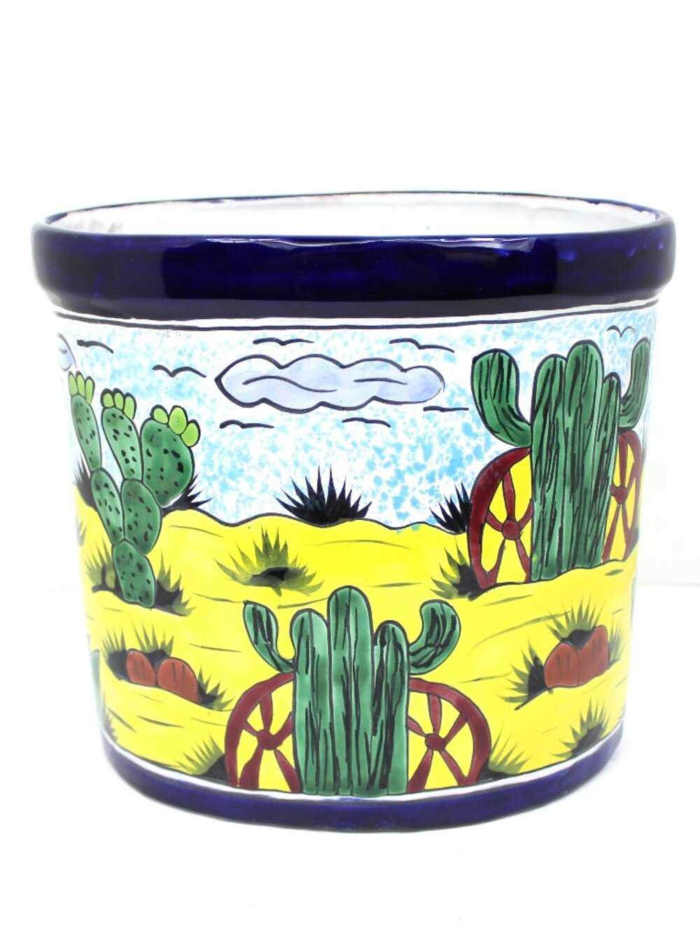 TALAVERA STYLE HAND-PAINTED MX CERAMIC POTTERY PLANTER/WASTE BASKET W/CACTUS